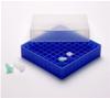 Scatola per congelamento, polipropilene (PP), 100 posti (10x10), per microprovette 0.5 mL, colore blu, griglia interna rigida, coperchio trasparente, dim. 130 x 130 x 37 mm
