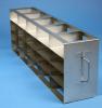 Supporto orizzontale in acciaio per scatole congelamento h.max.50 mm, 20 posti, 5x4 posizioni, 4 ripiani,  maniglia dim. est. 139x685x224 (int.220) mm (Lxpxh)