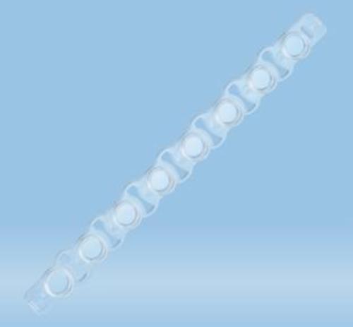 Strisce di tappi per PCR, tappo piatto, chiusura a spinta, trasparenti, per 8 pozzetti, PCR performance tested, polipropilene (PP), sterili, apirogene (120 pz)