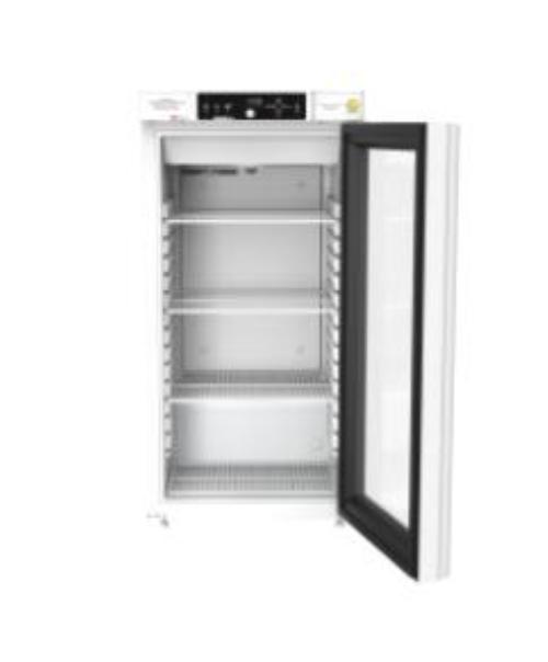 Frigorifero da laboratorio GRAM Biobasic RR310, capacità 218 litri, temp. +2°C +15°C, display digitale, sistema ventilazione forzata, porta in vetro, allarmi acustici e visivi, dim. 595 x 640 x 1220 mm.