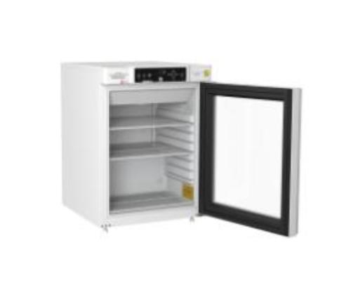 Frigorifero da laboratorio GRAM Biobasic RR210, capacità 125 litri, temp. +2°C +15°C, display digitale, sistema ventilazione forzata, porta in vetro, allarmi acustici e visivi, dim. 595 x 640 x 831 mm.