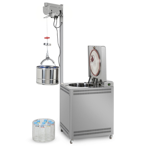Autoclave verticale da laboratorio VLS60G, capacita 60 L, campo temperatura 60-136 °C, porta a battente in acciaio inox, display LCD, 20 programmi standard + 20 customizzabili