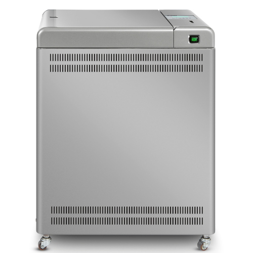 Autoclave verticale da laboratorio VLS100G, capacita 100 L, campo temperatura 60-136 °C, porta a battente in acciaio inox, display LCD, 20 programmi standard + 20 customizzabili