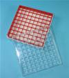 CryoBox - Scatola per congelamento in azoto liquido, policarbonato (PC), 81 posti (9x9), per cryovials 1.0/2.0 mL, colore rosso, griglia interna rigida, coperchio trasparente con codici alfanumerici, dim. 133x133x52mm